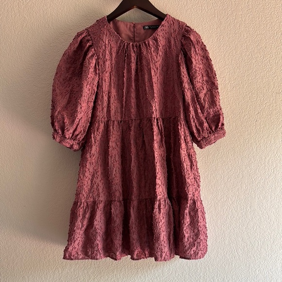 Zara Lace Puff Sleeve Dress in Rose - Picture 1 of 6